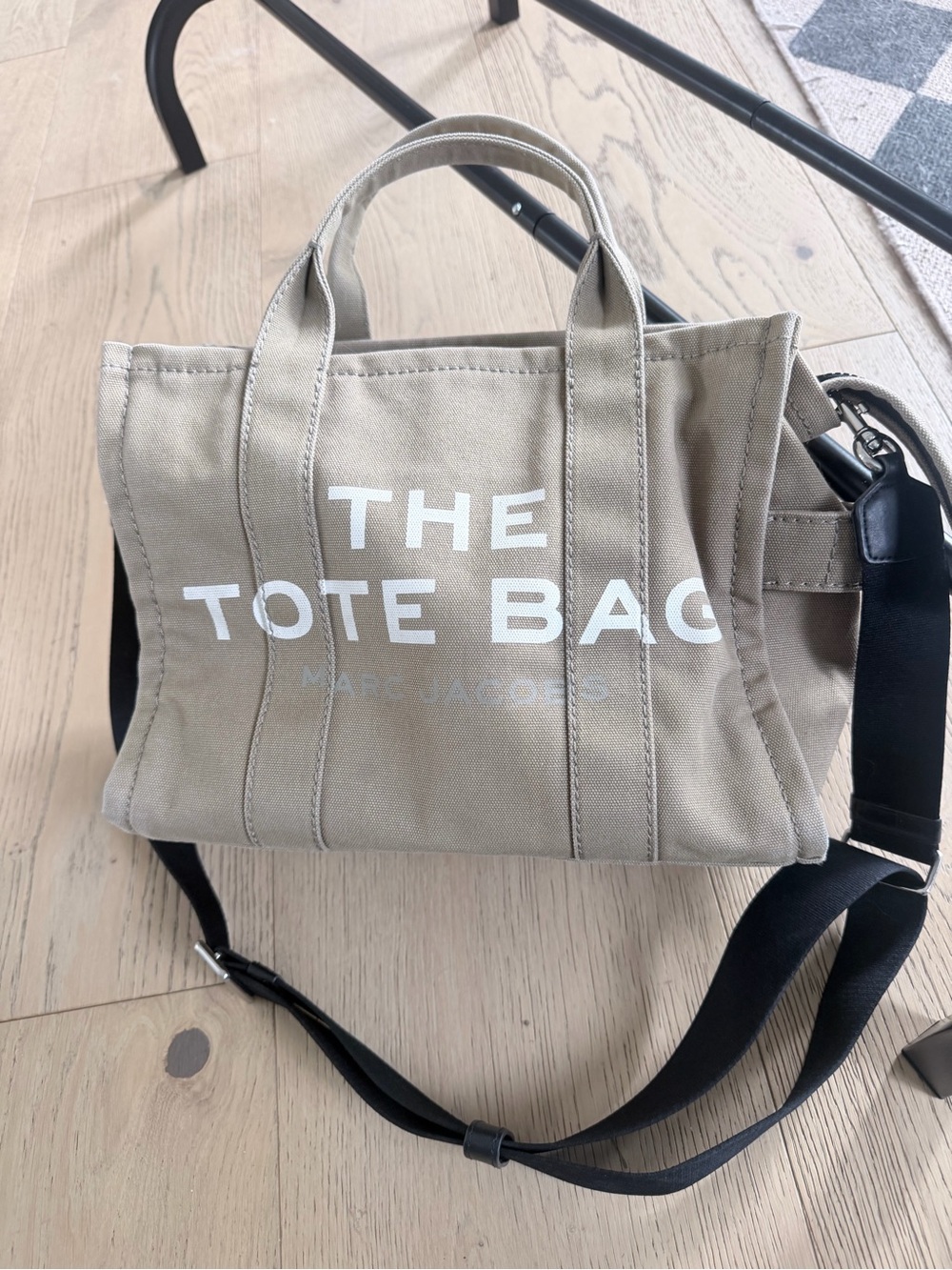 Marc Jacobs Tan Canvas 'The Tote Bag' Messenger with Black Strap